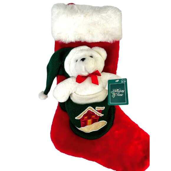 Vintage Christmas Stocking Walmart Stuffed Plush Santa Teddy Bear Red Gree - Picture 1 of 8
